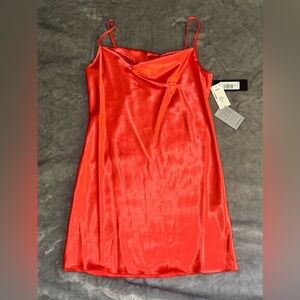 Bebe Size L Orange Satin Midi Dress with Cowl Neck NWT